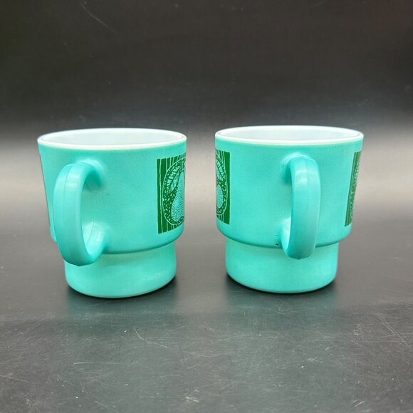 Vintage Milk Glass Mugs Hazel Atlas Teal Green Stacking Fruit Cherry Pear Apple - Picture 5 of 11